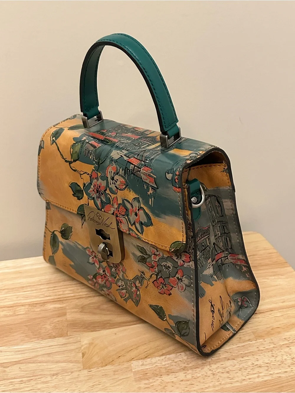 Patricia Nash Floral Top-Handle Satchel in Tan and Green